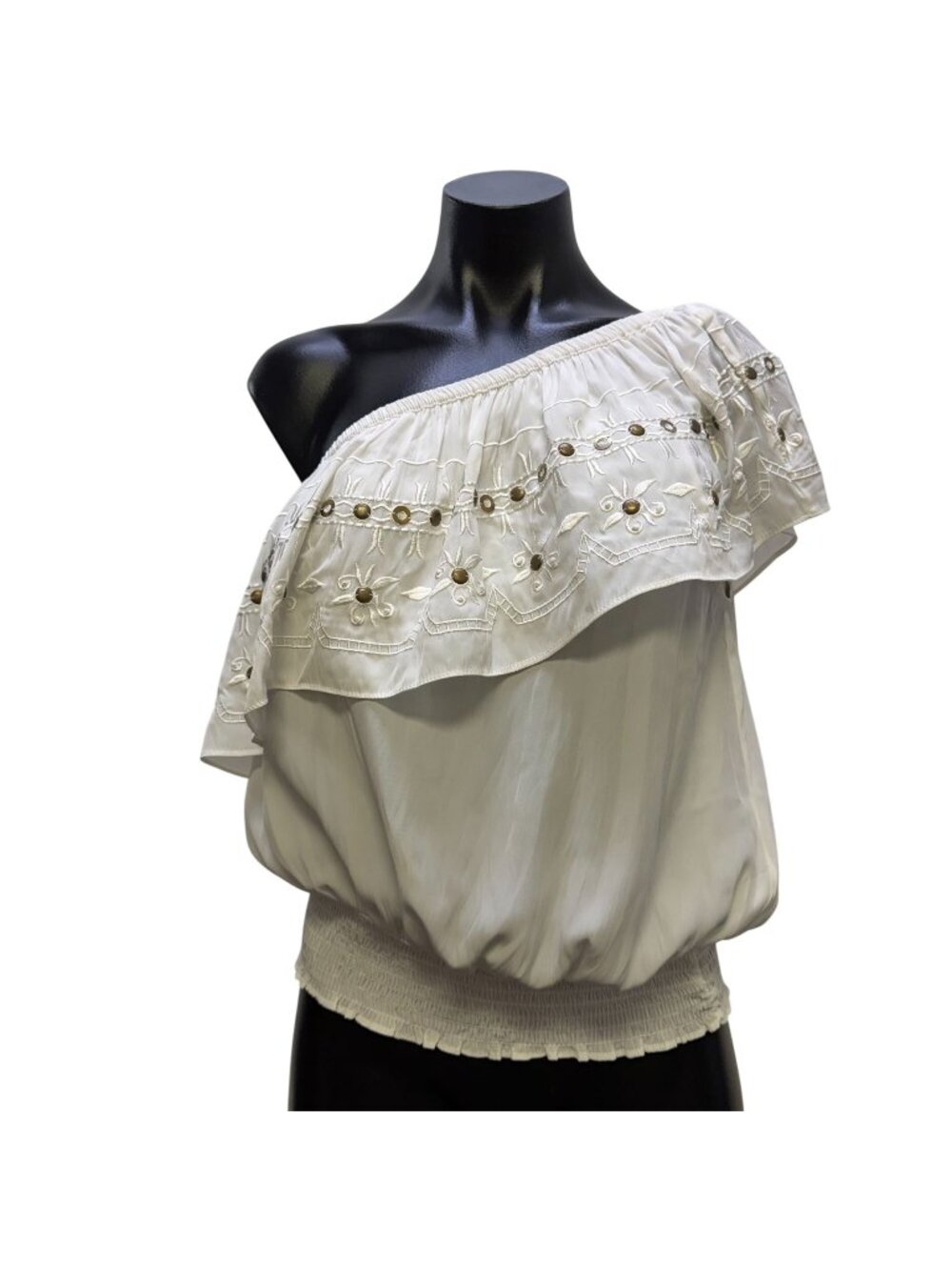 Ramy Brook White One-Shoulder Embroidered Blouse L